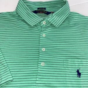POLO GOLF Ralph Lauren GREEN / NAVY Striped Cotton Polo Shirt XL EUC 0123